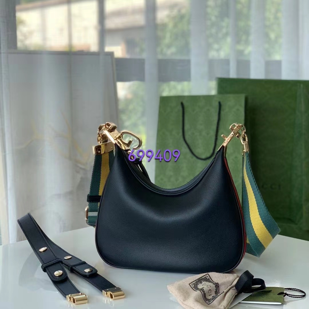 Gucci Women Attache Small Shoulder Bag Black Leather Orange Black Web