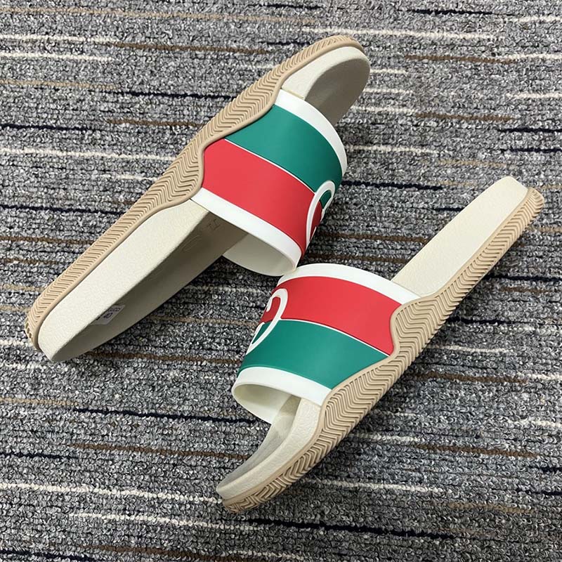 Gucci Women Interlocking G Slide Sandal Striped Rubber White Footbed Rubber Sole Flat