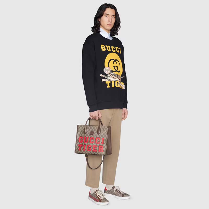 Gucci Unisex Tiger GG Small Tote Bag Beige Ebony GG Supreme Canvas