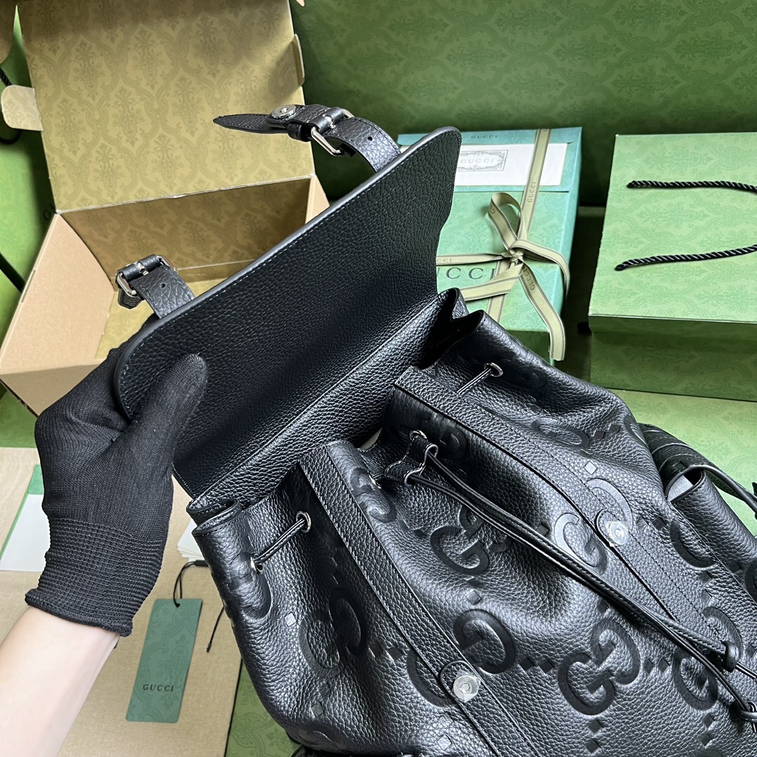 Gucci Unisex Jumbo GG Backpack Black Leather Cotton Linen Top Handle