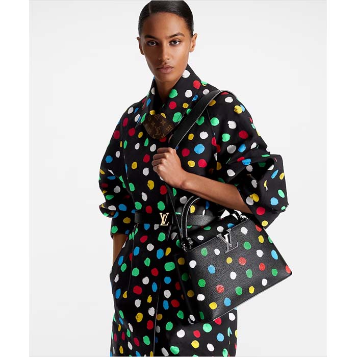Louis Vuitton Women LV x YK Capucines MM Black Taurillon Bull Calf Leather 3D Painted Dots Print