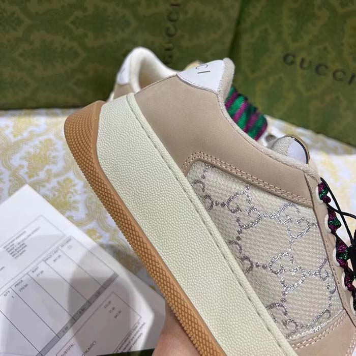 Gucci Unisex Screener Sneaker White GG Lamé Canvas Chunky Laces 4.8 CM Heel