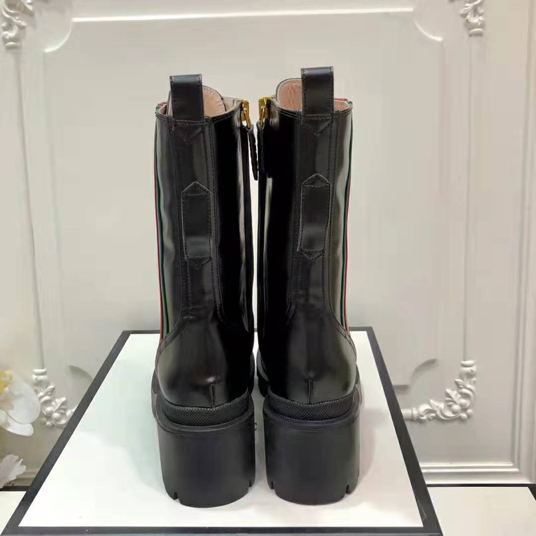 Gucci Women Gucci Leather Ankle Boot with Web in Black Shiny Leather 4.8 cm Heel