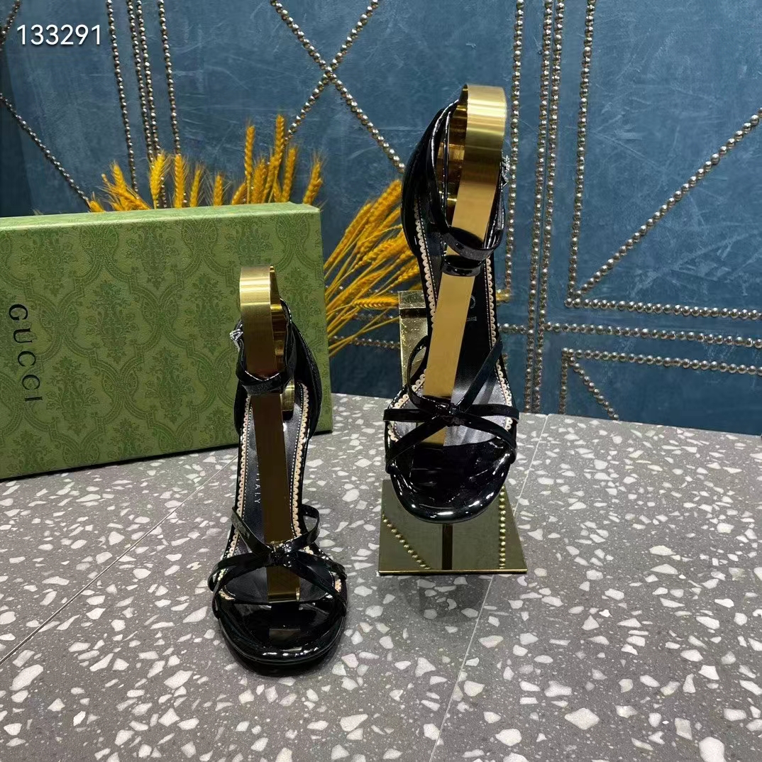 Gucci Women GG Strappy Sandal Double G Black Patent Leather Crystal High 11 CM Heel