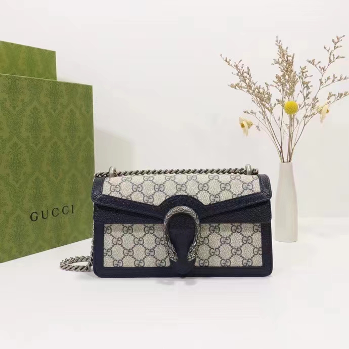 Gucci Women Dionysus GG Small Rectangular Bag Beige Blue GG Supreme Canvas