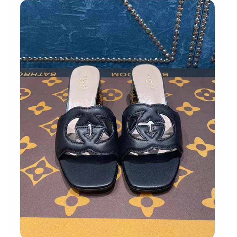 Gucci Women Interlocking G Cut-Out Sandal Black Leather Mid-Heel 5 cm Heel