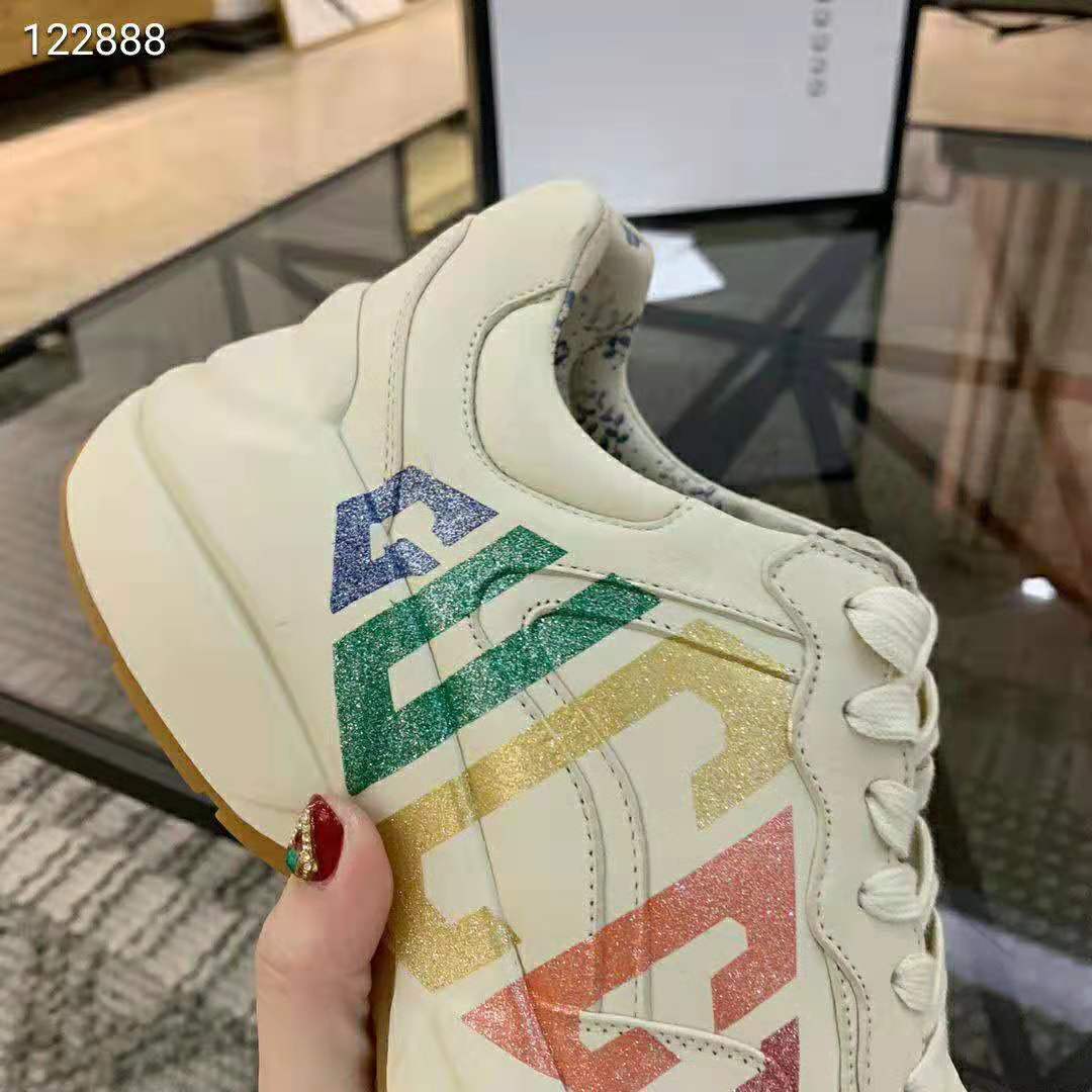 Gucci Women Rhyton Glitter Gucci Leather Sneake-Beige