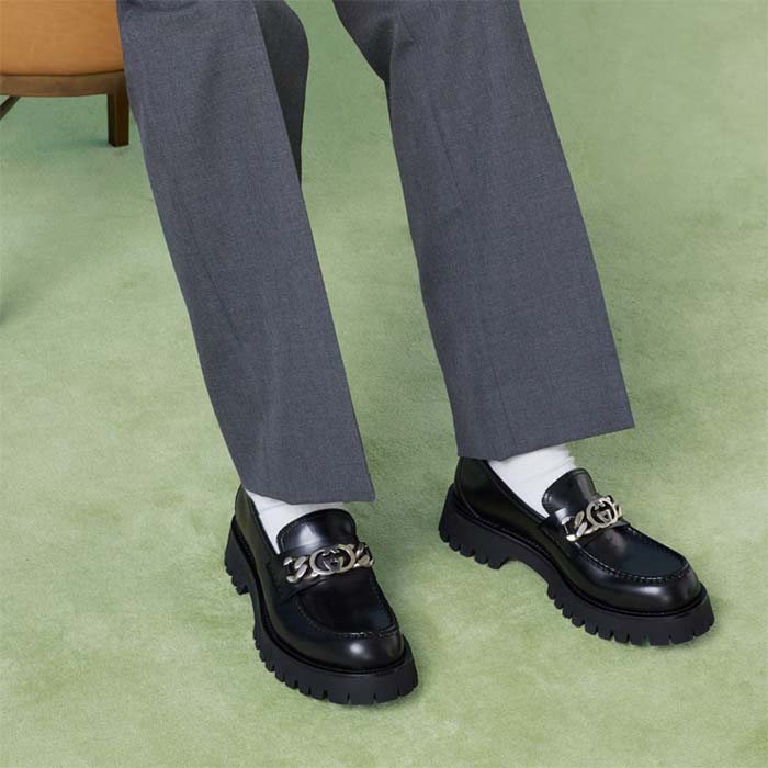 Gucci Unisex GG Loafer Interlocking G Black Leather Rubber Lug Mid 4.3 CM Heel