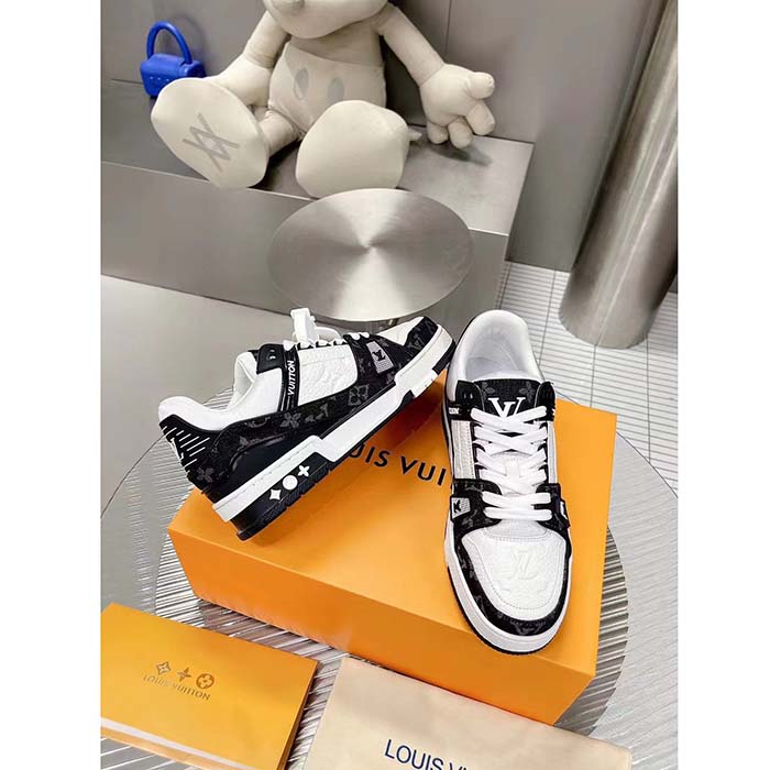 Louis Vuitton Unisex LV Trainer Sneaker Black Monogram Denim Monogram Embossed Grained Calf Leather