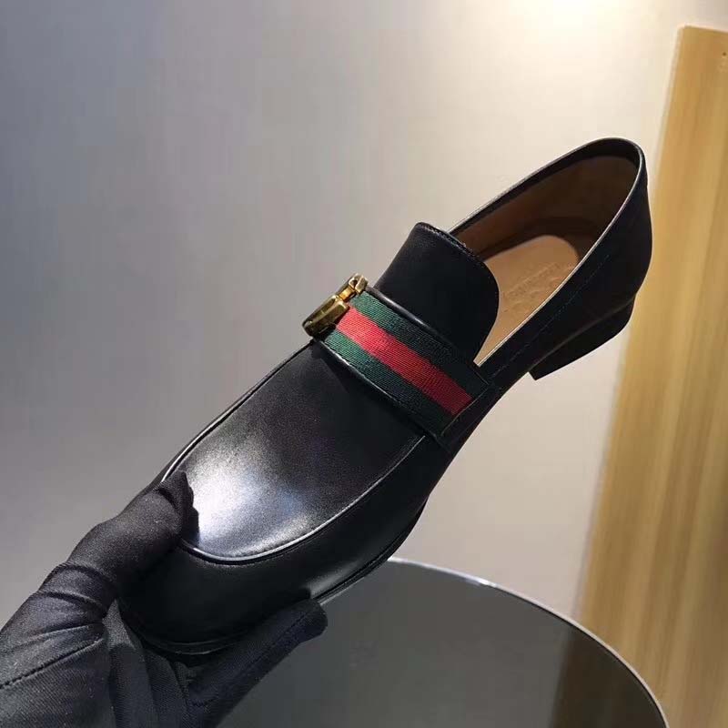 Gucci Men Leather Loafer with GG Web Shoes-Black