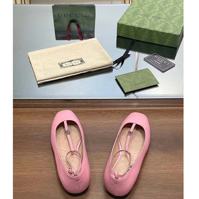 Gucci Women GG Ballet Flat Double G Pink Leather Sole Flat 1 Cm Heel