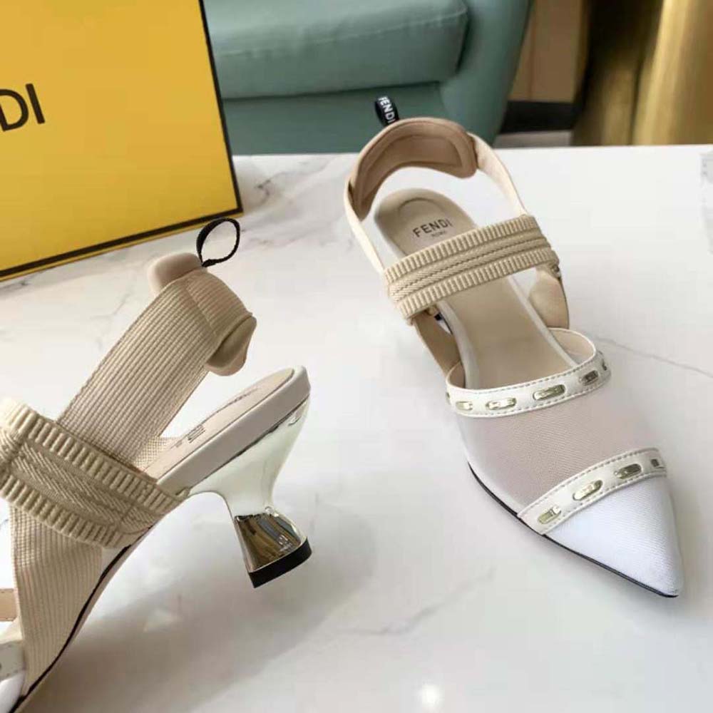 Fendi Women Colibri Pink Mesh Medium-Heel Slingbacks with Metal Stitches