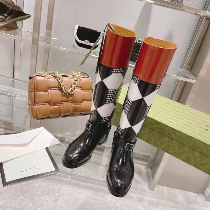 Gucci Women Knee-High Optical Print Boot Black Brown Leather Interlocking G