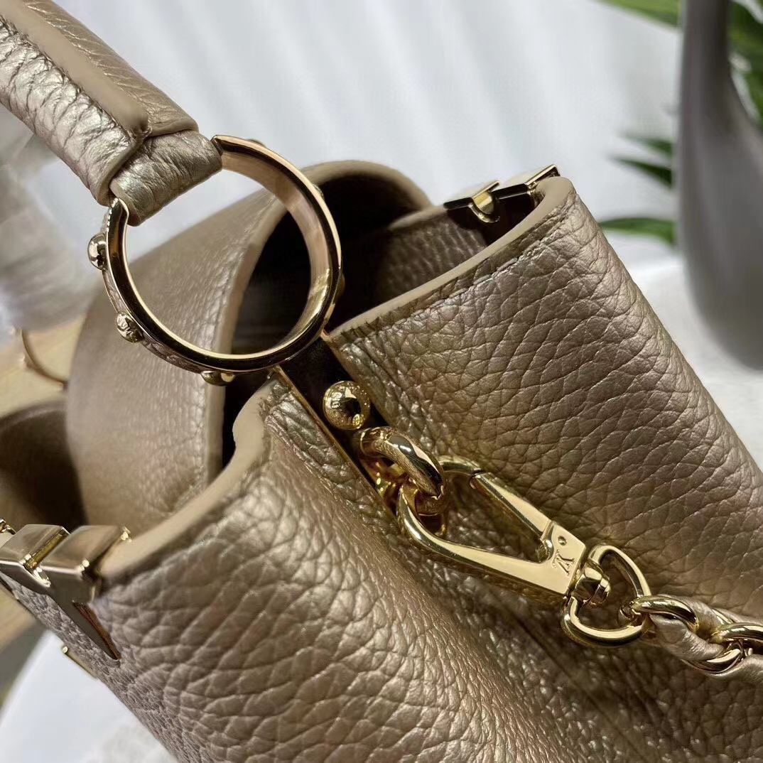 Louis Vuitton LV Women Capucines BB Hand Bag Etain Metallic Gray Taurillon Leather