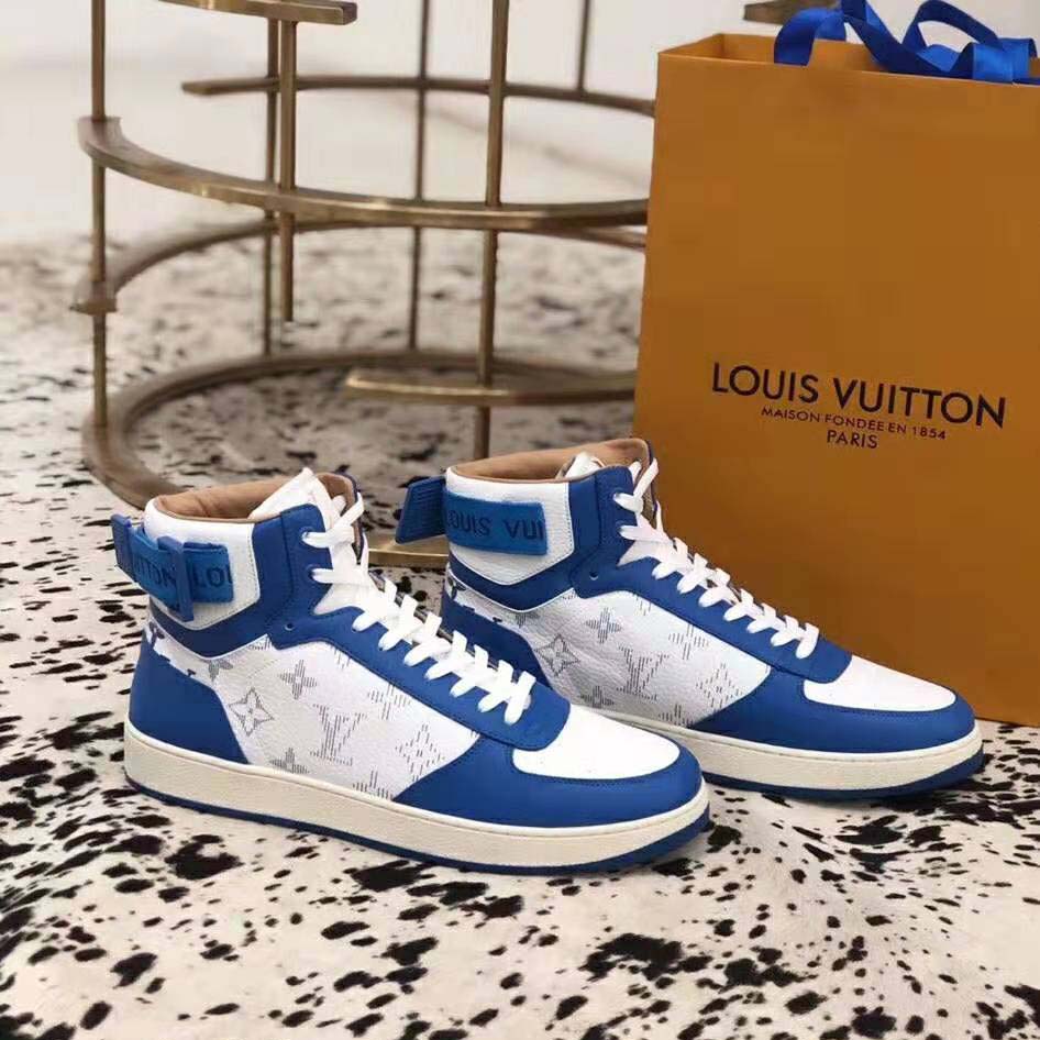Louis Vuitton LV Unisex Rivoli Sneaker Boot in Monogram Grained Calf Leather-Blue