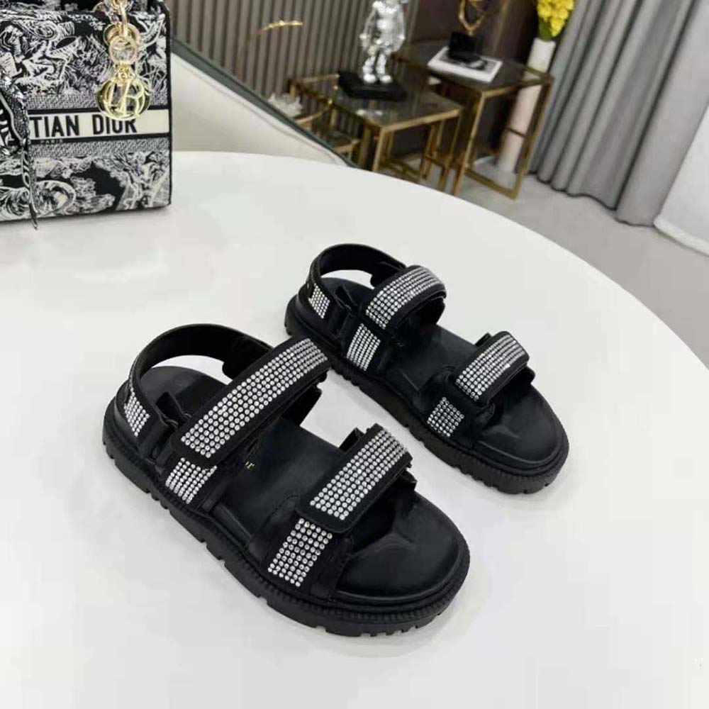 Dior Women Dioract Sandal Black Technical Fabric and White Resin Pearls