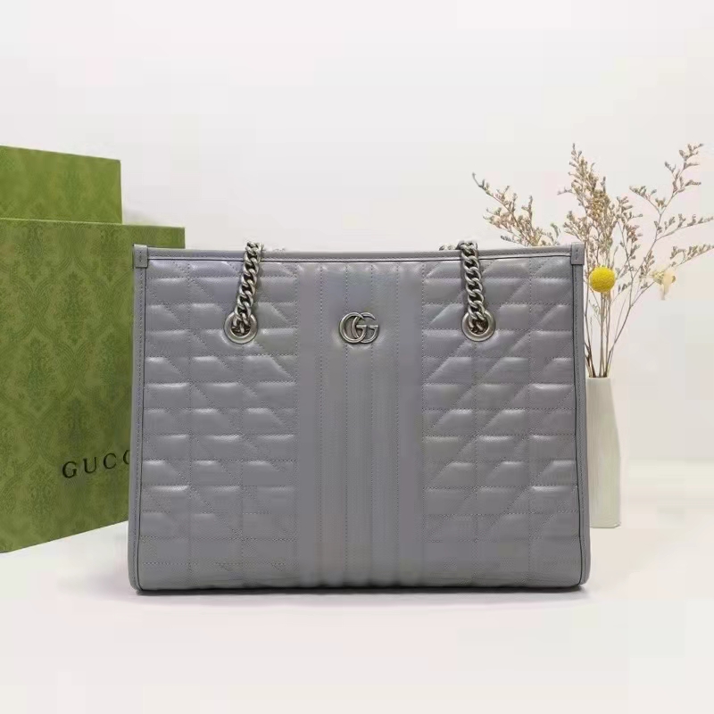 Gucci Unisex GG Marmont Medium Tote Bag Grey Matelassé Leather Double G