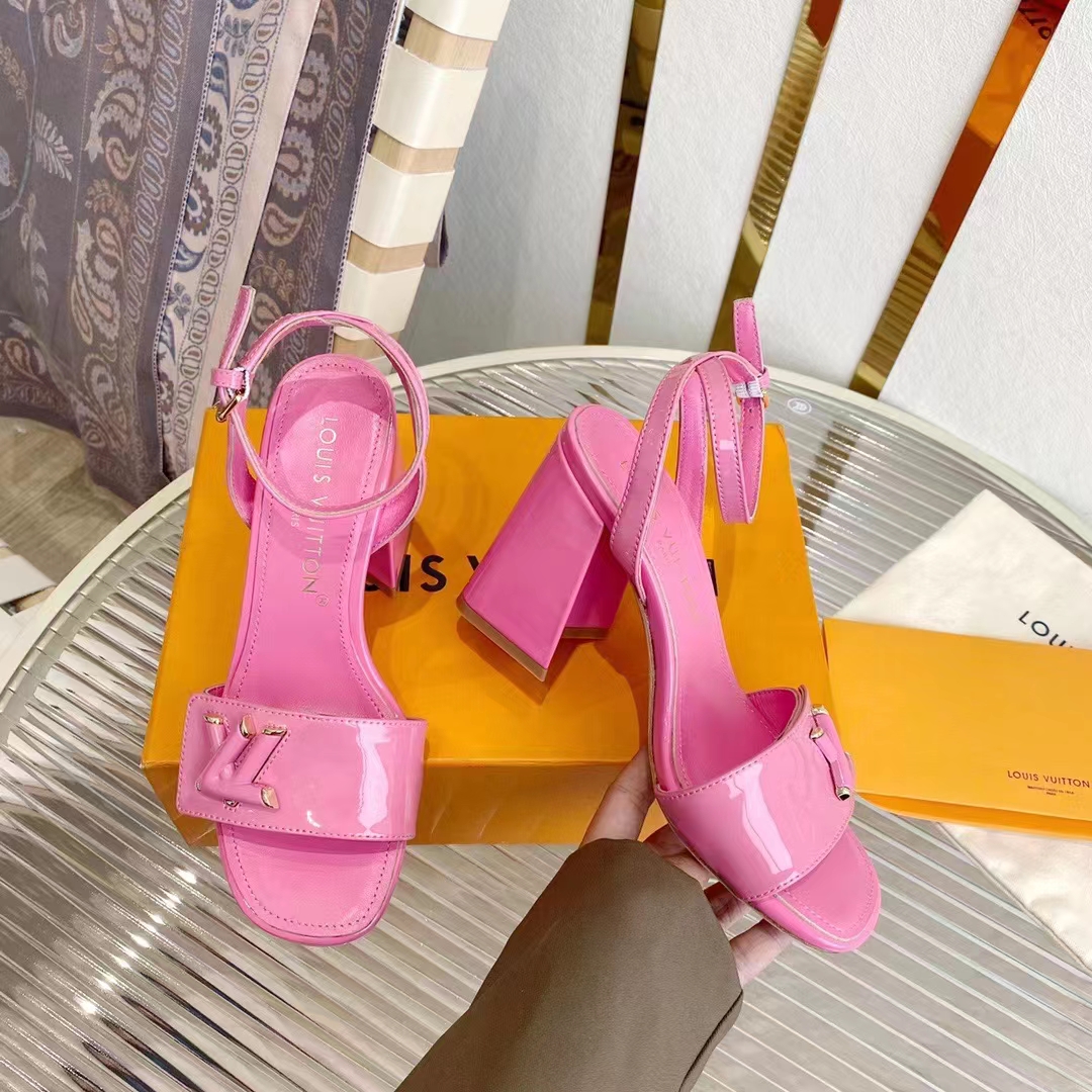 Louis Vuitton LV Women Shake Sandal Pink Patent Calf Leather 9.5 Cm Heel
