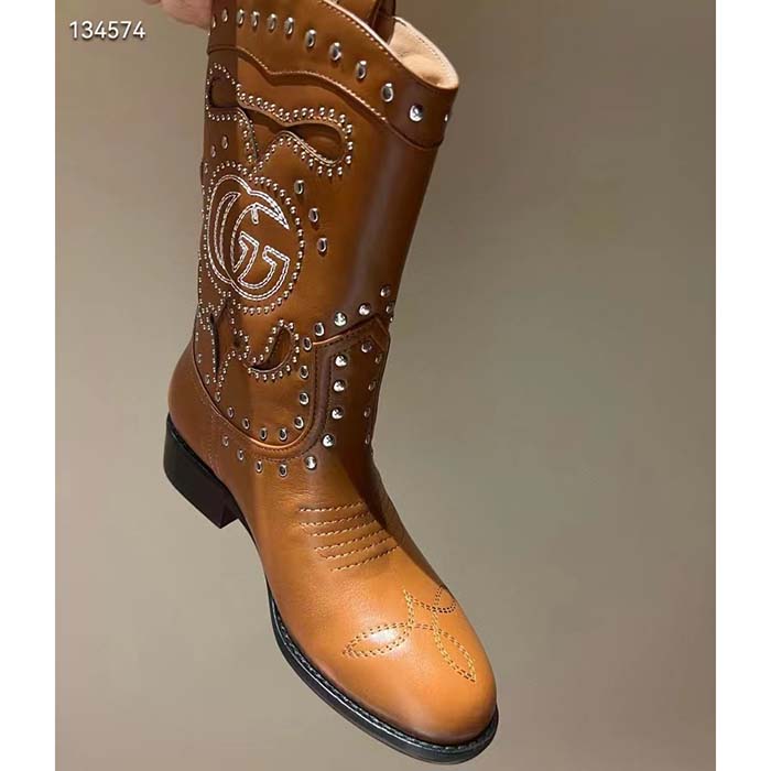 Gucci Women GG Boot Double G Embroidery Studs Brown Leather Low 3.6 CM Heel
