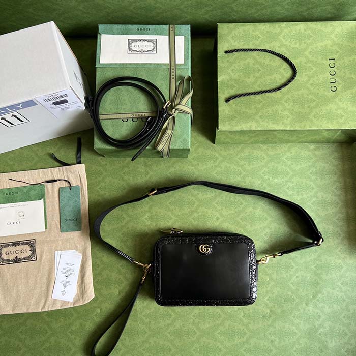 Gucci Unisex Crocodile Trim Shoulder Bag Double G Black Leather Zip Closure