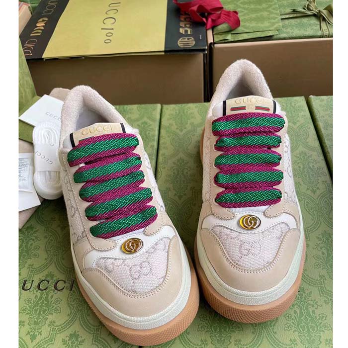 Gucci Unisex Screener Sneaker White GG Lamé Canvas Bi-Color Chunky Laces