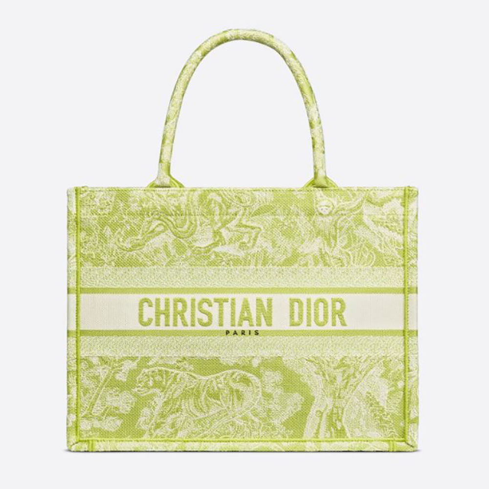 Dior Women Small Dior Book Tote Lime Toile De Jouy Reverse Embroidery