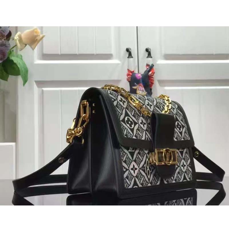 Louis Vuitton LV Women Since 1854 Dauphine MM Handbag Black Monogram Flowers Cowhide