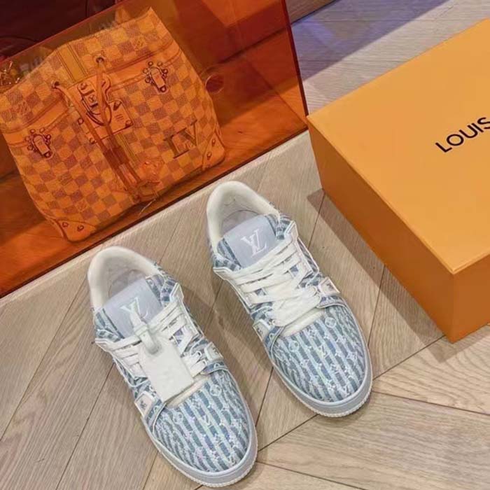 Louis Vuitton Unisex LV Trainer Sneaker Blue Monogram Textile Rubber Outsole Initials