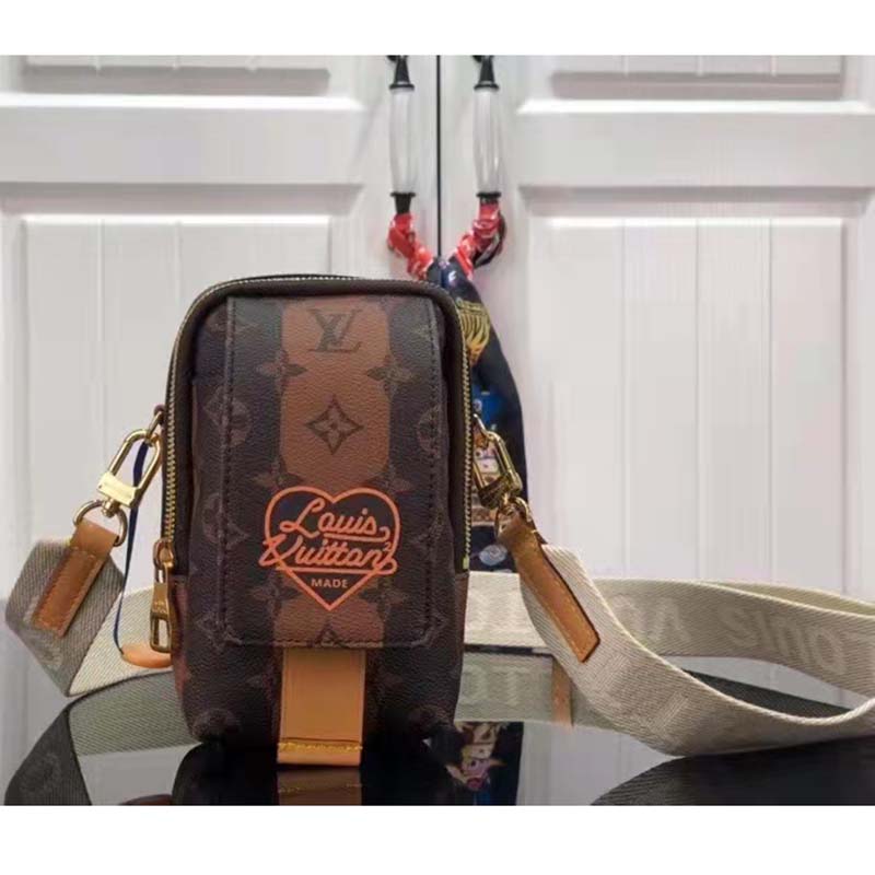Louis Vuitton LV Unisex Flap Double Phone Pouch Monogram Stripes Brown Coated canvas