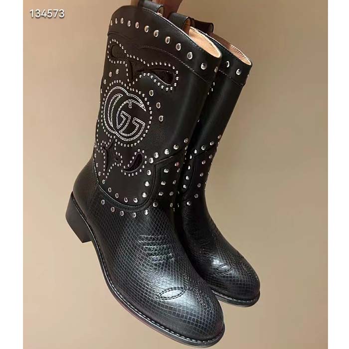 Gucci Women GG Boot Double G Embroidery Studs Black Leather Low 3.6 CM Heel