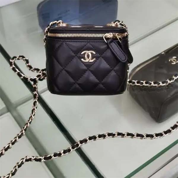 Chanel Women CC Mini Box Bag Black Calfskin Leather Gold-Tone Metal