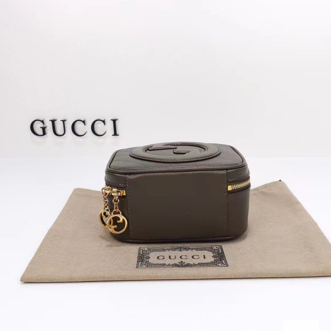 Gucci Women GG Blondie Top Handle Bag Brown Leather Round Interlocking G