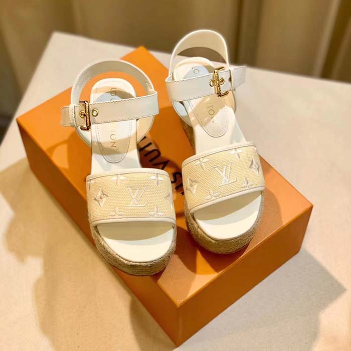 Louis Vuitton LV Women Starboard Wedge Sandal White Monogram-Embroidered Cotton Rope Sole