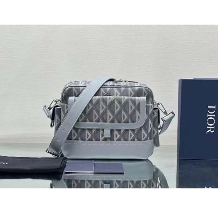 Dior Unisex Hit The Road Bag Messenger Pouch Gray CD Diamond Canvas Smooth Calfskin