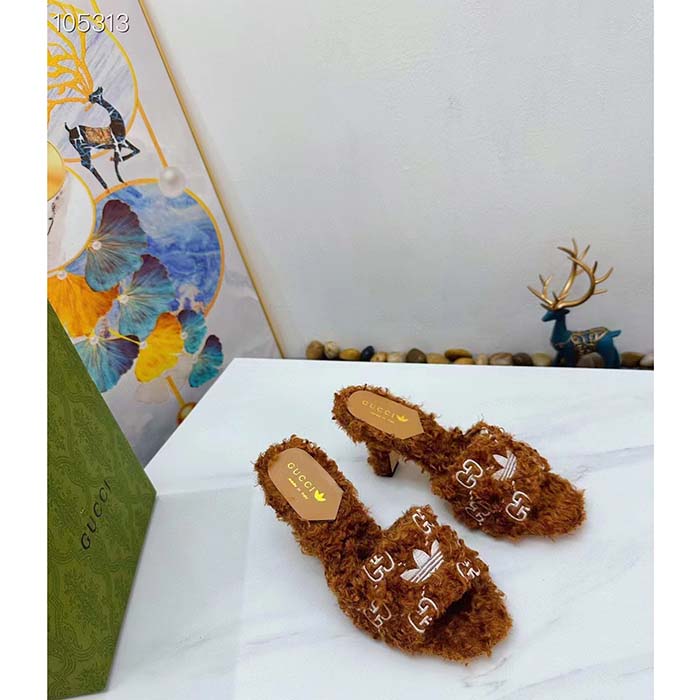 Gucci Women Adidas x Gucci Slide Sandal Brown GG Trefoil Shearling-Effect Fabric