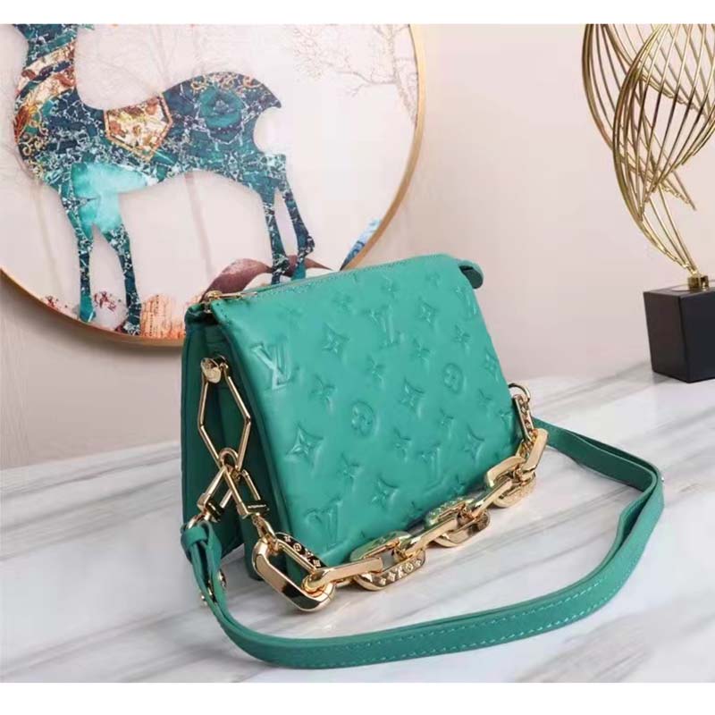 Louis Vuitton LV Women Coussin BB Handbag Emerald Monogram Embossed Puffy Lambskin