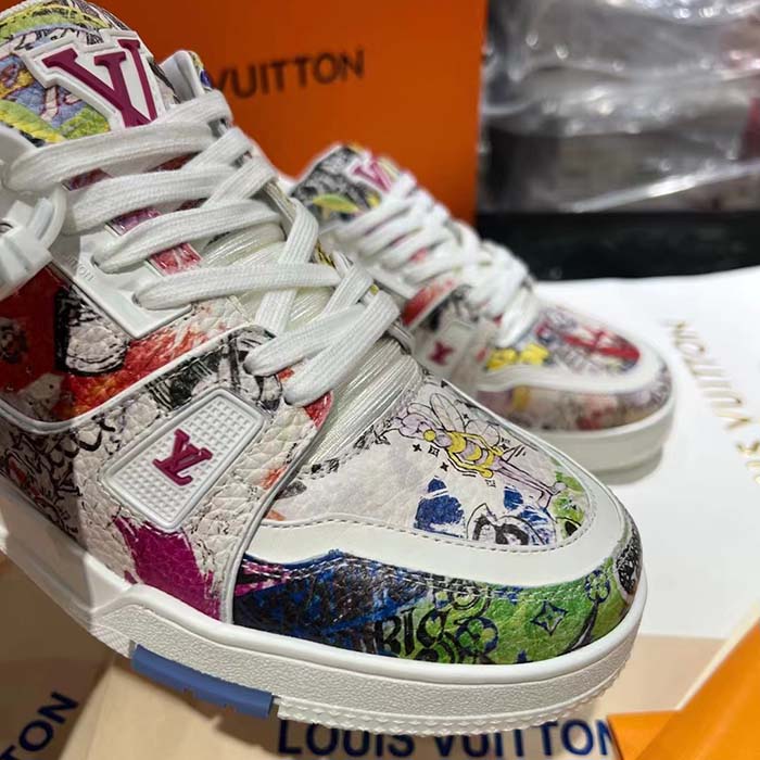 Louis Vuitton Unisex LV Trainer Sneaker White Printed Canvas Rubber Outsole Monogram Flowers