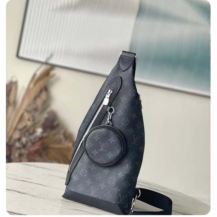 Louis Vuitton LV Unisex Duo Sling Bag Black Monogram Coated Canvas Taiga Cowhide Leather