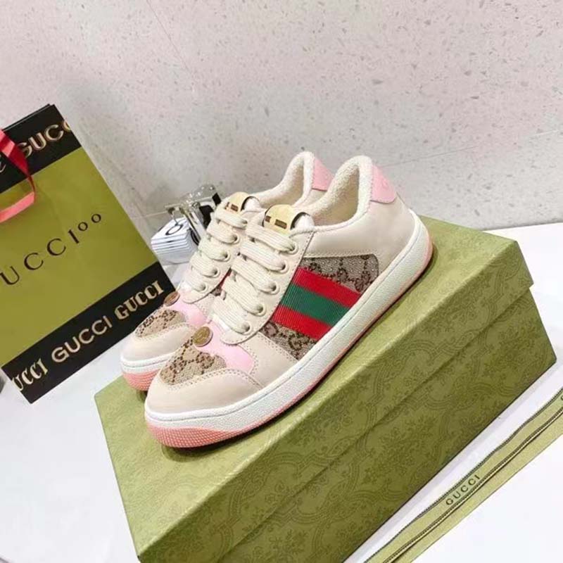 Gucci Unisex Screener Sneaker Crystals Beige Ebony GG Canvas 3.6 cm Heel