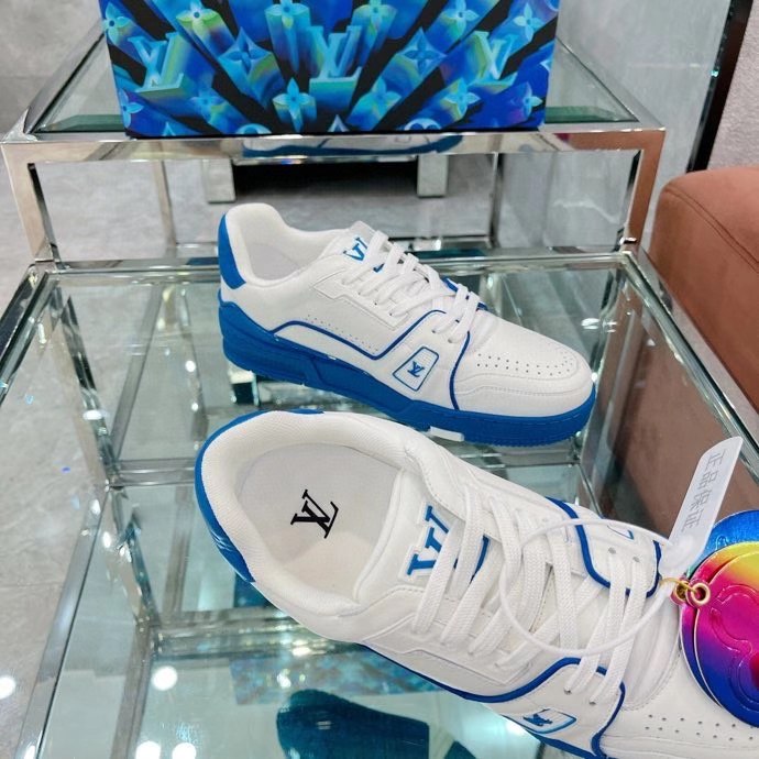 Louis Vuitton Unisex LV Trainer Sneaker Blue Calf Leather Rubber Outsole Monogram Flowers