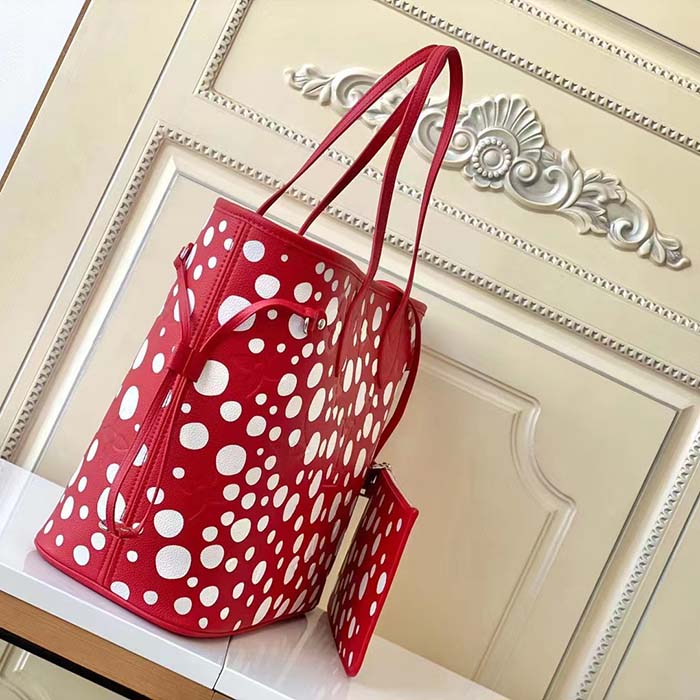 Louis Vuitton Women LVxYK Neverfull MM Tote Red White Embossed Grained Monogram Empreinte Cowhide