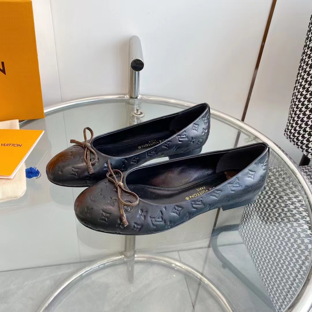 Louis Vuitton LV Women Nina Flat Ballerina Black Monogram Embossed Calf Leather Canvas Bow
