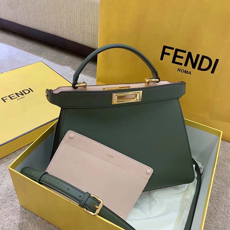 Fendi Women FF Peekaboo Medium Calfskin Leather Bag-Dark Green