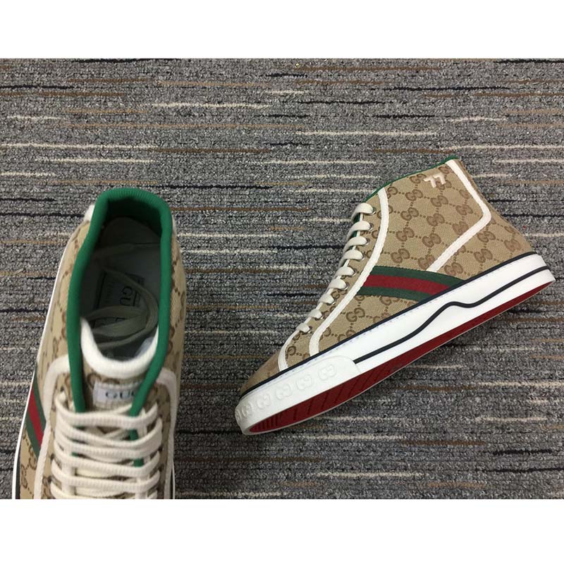 Gucci Unisex Tennis 1977 High Top Sneaker Brown Rubber Sole Flat 2 Cm Heel