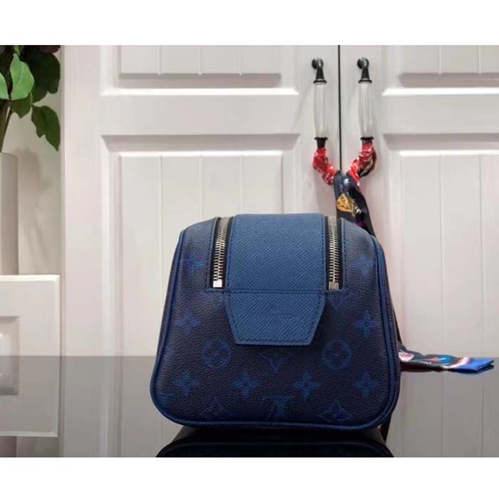Louis Vuitton LV Unisex Dopp Kit Toilet Pouch Blue Taiga Cowhide Leather Monogram Coated Canvas
