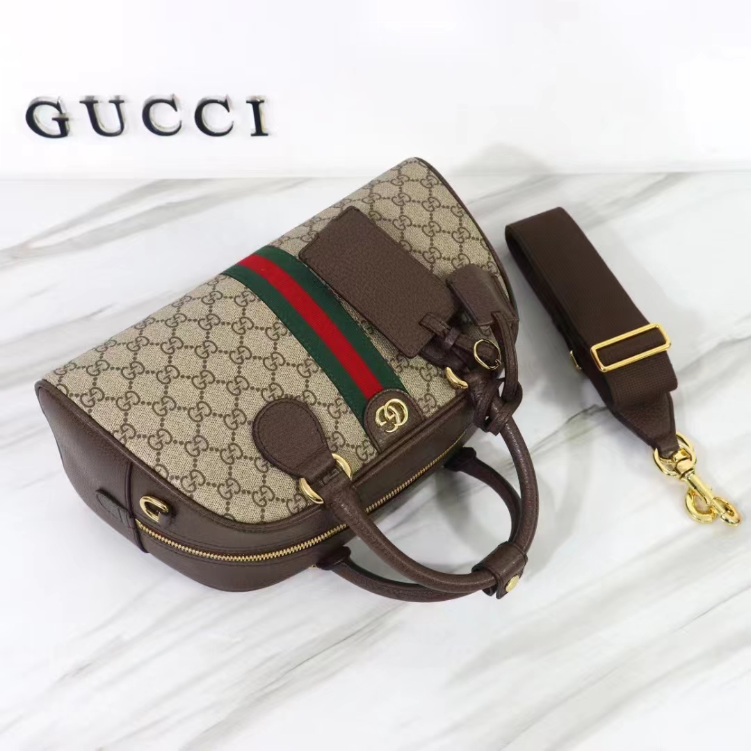 Gucci GG Unisex Savoy Medium Bowling Bag Beige Ebony GG Supreme Canvas Double G