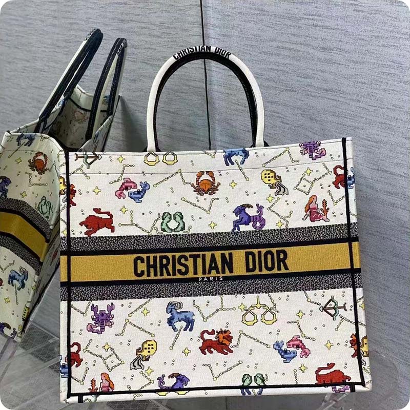 Dior Women CD Large Dior Book Tote Latte Multicolor Dior Pixel Zodiac Embroidery