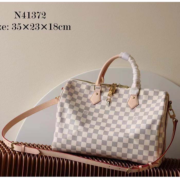 Louis Vuitton LV Unisex Speedy 30 Damier Azur Coated Canvas Natural Cowhide Leather