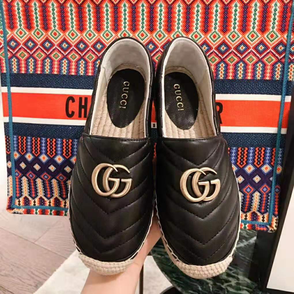 Gucci Women Leather Espadrille with Double G in Matelassé Chevron Leather-Black