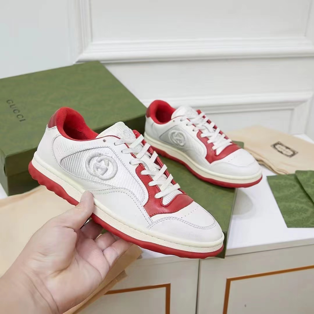 Gucci Unisex GG MAC80 Sneaker Off White Red Leather Round Toe Rubber Flat